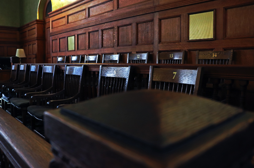 Jury chairs in court room.